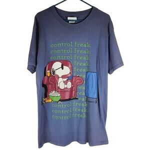 90's Peanuts Snoopy blue "Control Freak" funny graphic short sleeved tshirt Sz L